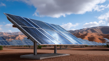 A stunning view of solar panels arranged in a desert setting, surrounded by mountains and bathed in bright sunlight, showcasing innovative renewable energy solutions.の素材