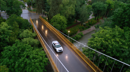 This aerial image captures a police car driving on a bridge, surrounded by lush greenery and a rainy atmosphere, showcasing urban life and nature combined.の素材