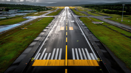 This aerial image showcases a vibrant airport runway under a moody sky, with striking yellow line markings on a wet asphalt surface surrounded by lush green fields.の素材