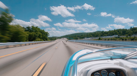 Experience the thrill of a summer journey along a vibrant highway, showcasing clear blue skies and lush greenery beside the road.の素材
