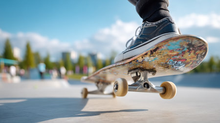 A close-up view of a skateboard wheel in motion at a lively urban skate park, under a bright blue sky. The scene captures the essence of skate culture and excitement.の素材