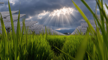 A captivating view of a vibrant green rice field adorned with solar panels under an expansive sky filled with dramatic clouds and sunlight rays.の素材
