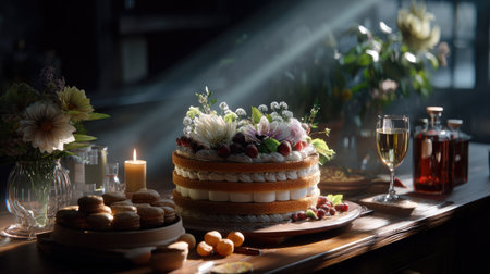 A beautifully arranged dessert table highlights a layered cake adorned with fresh fruits and flowers. Soft lighting creates a warm and inviting atmosphere perfect for celebrations.の素材