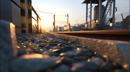 A picturesque view of railway tracks leading into the sunset, framed by pebbles. The warm light highlights industrial elements in a serene atmosphere.の素材