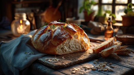 A beautifully crafted artisan loaf of bread sits on a weathered wooden board, accompanied by fresh herbs and slices. This image captures the warm and inviting atmosphere of a cozy kitchen, highlighting the art of baking and the beauty of simple, natural ingredients. The rustic setting enhances the overall appeal, making it ideal for food-related themes.の素材