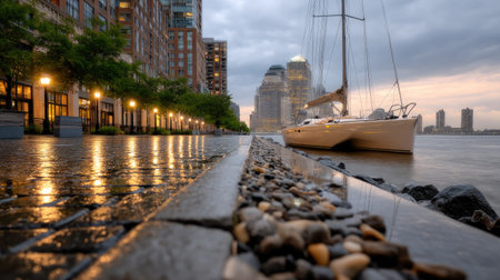 A tranquil waterfront view featuring a sailboat docked along a beautifully illuminated pathway with urban buildings reflecting on wet pavement at twilight.の素材