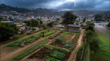 This stunning aerial photograph showcases a vibrant community garden nestled within an urban environment, featuring rows of greenery and dramatic skies.の素材