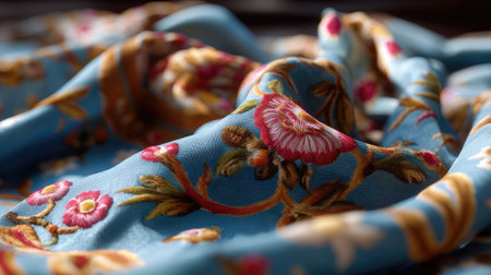 This close-up image features a vibrant blue fabric adorned with intricate floral embroidery, highlighting exquisite craftsmanship and detail perfect for textile design.の素材