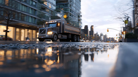 A striking city scene featuring a dump truck navigating through a modern urban street at dusk. The image captures reflections in water on the pavement, adding a unique perspective to the bustling environment.の素材