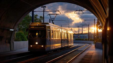 A beautiful sunset casts warm hues on a tram as it approaches a station through a curved tunnel, highlighting the harmony of urban transportation and nature's beauty.の素材