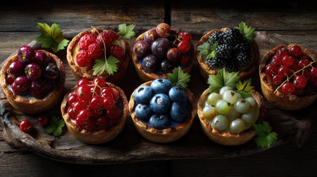 A stunning display of eight vibrant fruit tarts topped with assorted berries on a rustic wooden board, enhanced by fresh green leaves for an inviting presentation.の素材