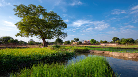 A beautiful rural landscape showcasing expansive green rice fields, a large tree, and a tranquil water body under a clear blue sky. Perfect for nature themes.の素材