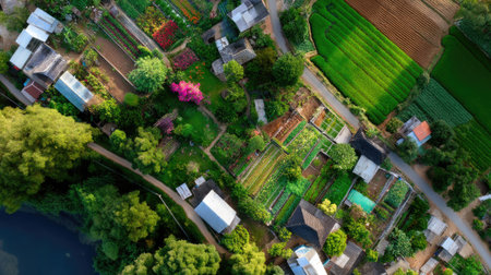 This stunning aerial view showcases a thriving community of gardens and agricultural fields, surrounded by lush greenery and serene water features, capturing the beauty of rural life.の素材
