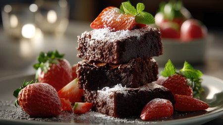 A mouthwatering display of rich chocolate brownies layered with fresh strawberries and mint leaves, perfect for dessert lovers and special occasions.の素材