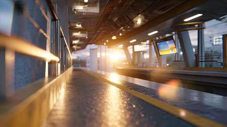 This image showcases a tranquil train platform at sunrise, featuring warm lighting and sleek urban architecture. The empty scene captures a moment of calm in the bustling city, highlighting the essence of public transport.の素材