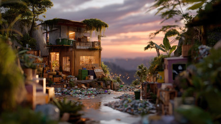 A captivating view of a rustic house nestled amidst greenery and debris under a stunning sunset sky, showcasing vibrant colors and a serene atmosphere.の素材