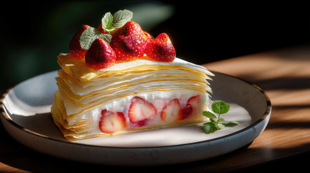 This enticing dessert features delicate layers of pastry filled with creamy goodness and fresh strawberries, beautifully presented on a rustic plate.の素材