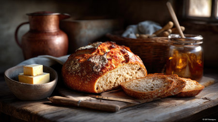 This captivating still life features freshly baked artisan bread, rich butter, and homemade preserves, set against a rustic kitchen backdrop, inviting warmth.の素材