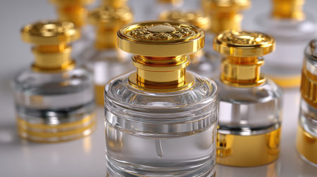A stunning array of elegant glass perfume bottles featuring luxurious gold caps. Perfect for showcasing beauty products, this image highlights elegance and style.の素材