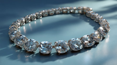 This stunning diamond necklace features a series of sparkling diamonds set in silver, reflecting light beautifully against a soft blue background. Perfect for a luxury accessory.の素材