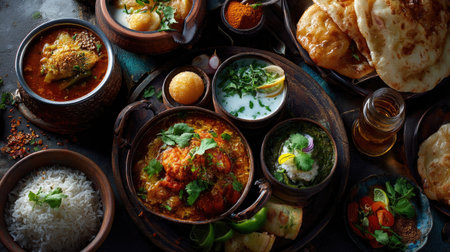 This beautifully arranged assortment of Indian cuisine showcases a variety of flavorful dishes, including rich curries, fluffy naan, basmati rice, and vibrant desserts, perfect for a festive dining experience.の素材