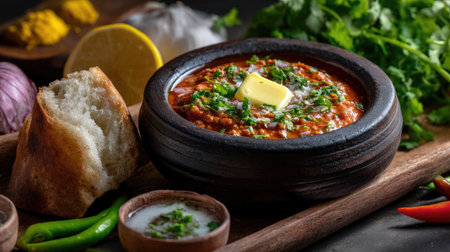 This image showcases a creamy Indian lentil dish garnished with fresh herbs and a pat of butter, accompanied by soft bread, ideal for food lovers.の素材