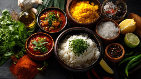 Explore the vibrant arrangement of fresh ingredients, aromatic spices, and delicious dishes in a culinary setting, perfect for food enthusiasts.の素材