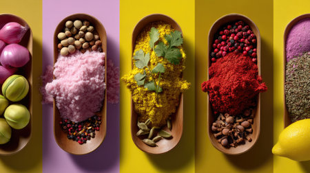 This vibrant image showcases an array of spices and ingredients beautifully arranged in wooden bowls against a bright background, perfect for culinary inspiration.の素材