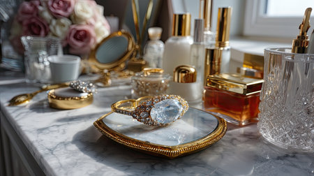 A stunning close-up of a luxurious jewelry piece on a marble vanity table, surrounded by chic cosmetics, floral decor, and elegant glass containers.の素材