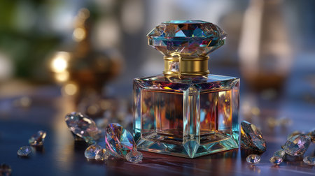 This stunning image features an exquisite crystal perfume bottle surrounded by colorful gems, showcasing elegance and luxury. The soft-focused background creates a sophisticated atmosphere, making it ideal for beauty and lifestyle themes.の素材