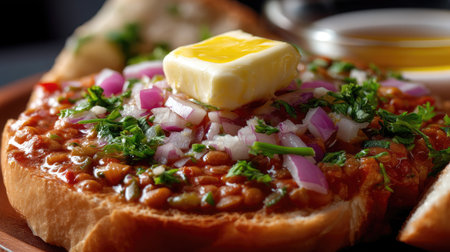 A tempting close-up of toast topped with rich gravy, butter, diced onion, and fresh coriander. Ideal for breakfast or as a satisfying snack.の素材