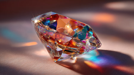 A stunning cut glass diamond captures and reflects a spectrum of colors in a soft background. The intricate facets shimmer with light, creating an elegant and vibrant focal point.の素材