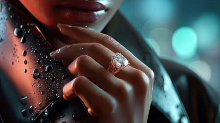 This stunning image captures a woman's hand adorned with an exquisite diamond ring, set against a dark, moody backdrop with shimmering raindrops, exuding elegance and allure.の素材