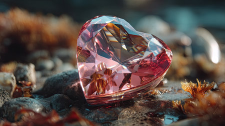 A stunning heart-shaped pink gemstone glistens on a bed of pebbles, surrounded by nature. The soft light accentuates its brilliance, creating an enchanting atmosphere.の素材