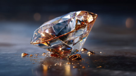 A stunning close-up of a brilliant cut gemstone resting on a dark surface, highlighting its radiant reflections and golden dust accents, symbolizing elegance and luxury.の素材