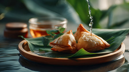 Delight in the beauty of freshly made pastries served on a natural leaf. The close-up captures hot water being poured, evoking flavors and warmth.の素材