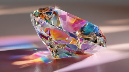 A stunning crystal reflecting vibrant colors, creating a sparkling display of light and texture, perfect for artistic and decorative projects.の素材