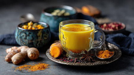 A cozy setting features a glass of warm golden turmeric milk surrounded by fresh roots, spices, and decorative bowls. Ideal for promoting wellness.の素材