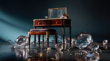 This stunning image features an elegant wooden vanity table adorned with gems and crystals, creating a luxurious ambience. The soft light enhances the intricate details, offering an exquisite view perfect for home decor or interior design inspiration.の素材