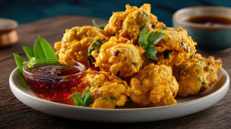 A vibrant display of golden-brown Indian snacks served on a rustic plate, accompanied by spicy sauce and garnished with fresh herbs, perfect for sharing.の素材