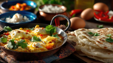 A vibrant and inviting scene featuring a traditional Indian breakfast with eggs, flatbread, and fresh vegetables on a rustic wooden table.の素材