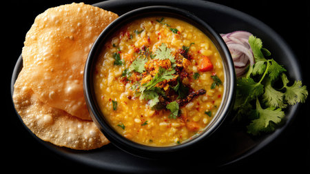 A vibrant bowl of Indian lentil soup garnished with fresh herbs and spices, accompanied by crispy puri and onion, perfect for a hearty meal.の素材