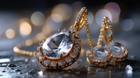 A stunning gold jewelry set featuring a large gemstone pendant and shimmering earrings, perfectly designed for elegance and style. Ideal for fashion and accessories.の素材