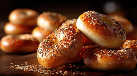 This image showcases a stack of freshly baked bagels topped with sesame and poppy seeds, resting on a rustic wooden surface. Ideal for food-related content.の素材