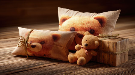This charming image features teddy bear design pillows and a soft plush toy set against a rustic wooden background, creating a cozy ambiance perfect for children's rooms and playful living spaces.の素材