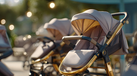 A collection of stylish baby strollers featuring gold accents set in an outdoor environment. Perfect for parents who value design and comfort while spending time with their little ones.の素材
