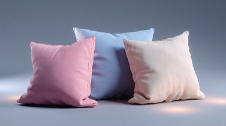 A beautiful arrangement of soft cushions in pink, blue, and cream colors creates a cozy atmosphere perfect for home decor and interior styling.の素材