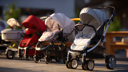 A collection of modern baby strollers displayed on a sunny outdoor deck, showcasing their stylish designs and mobility features perfect for parents and infants.の素材