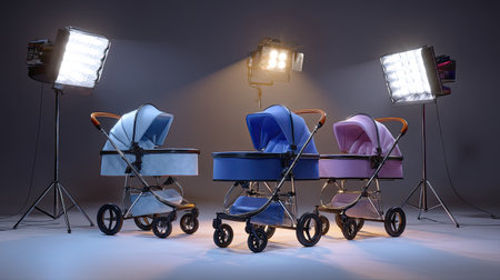 A captivating display of three stylish baby strollers in soft colors, beautifully lit in a studio setting, perfect for showcasing modern parenting gear.の素材