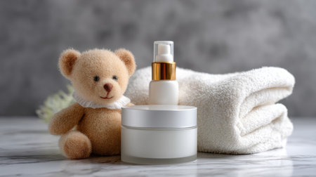 Explore a charming arrangement of baby care essentials including a plush teddy bear, a cream jar, a serum bottle, and a soft towel on a marble background.の素材